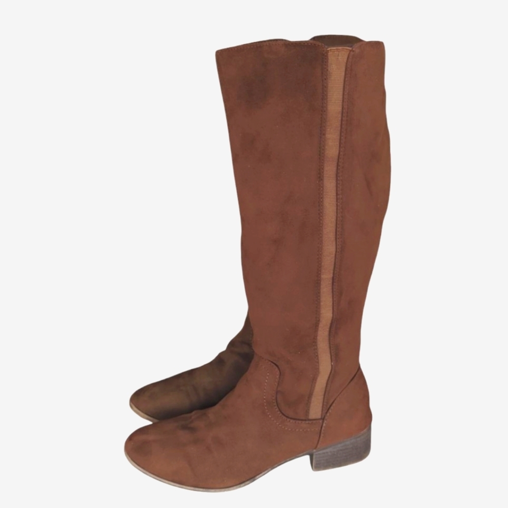 Time and Tru Faux Suede Tall Block Heel Boots 9 Brown Stretch Gore - Picture 4 of 14